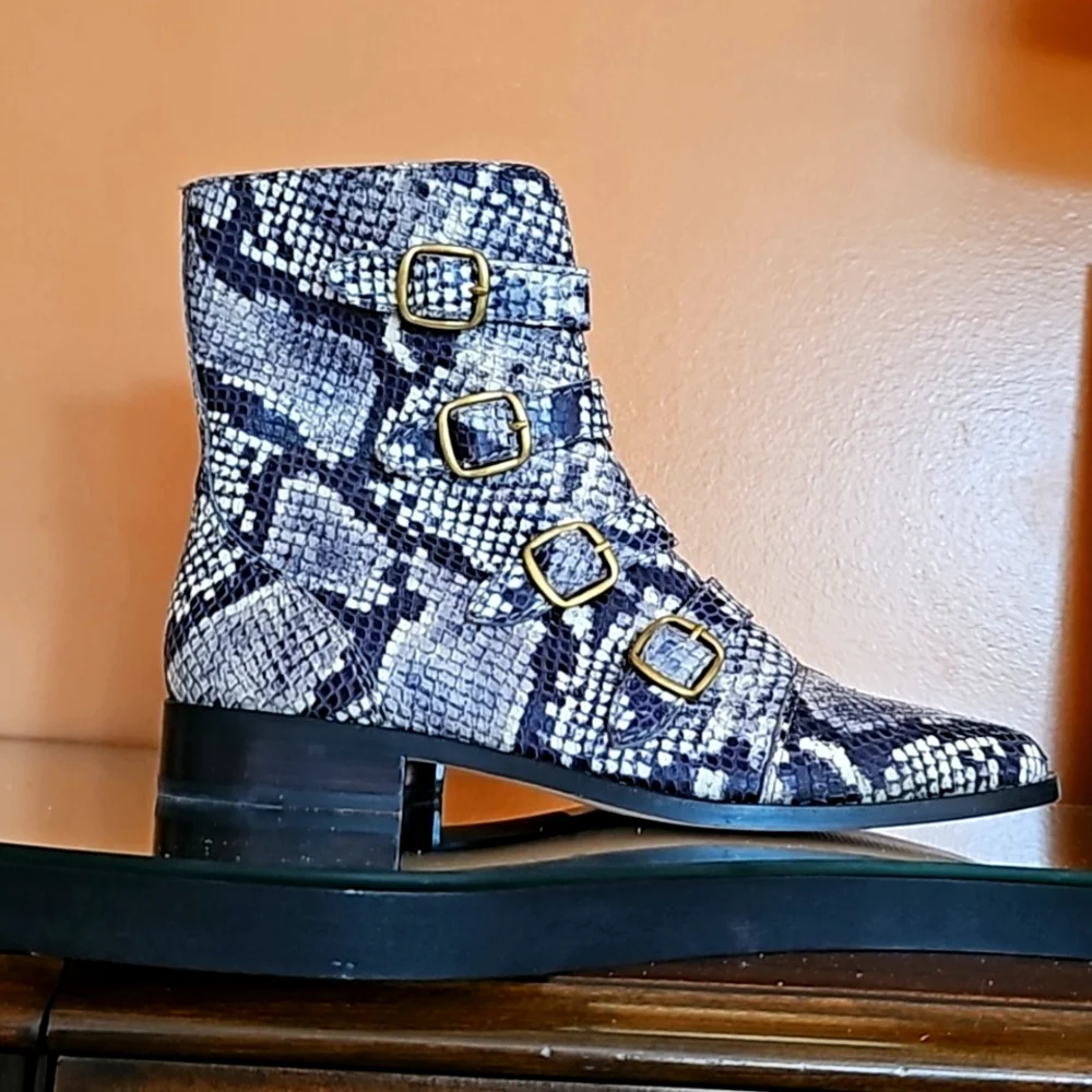 J. Crew Snake Print Leather Ankle Zipper Boots. - Picture 2 of 12